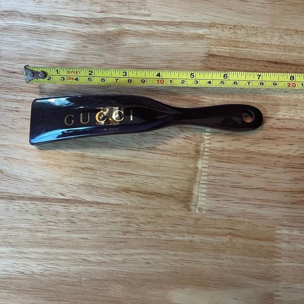 Gucci Dark Brown Resin Travel Shoe Horn Gold Logo Italian Designer Accessory
